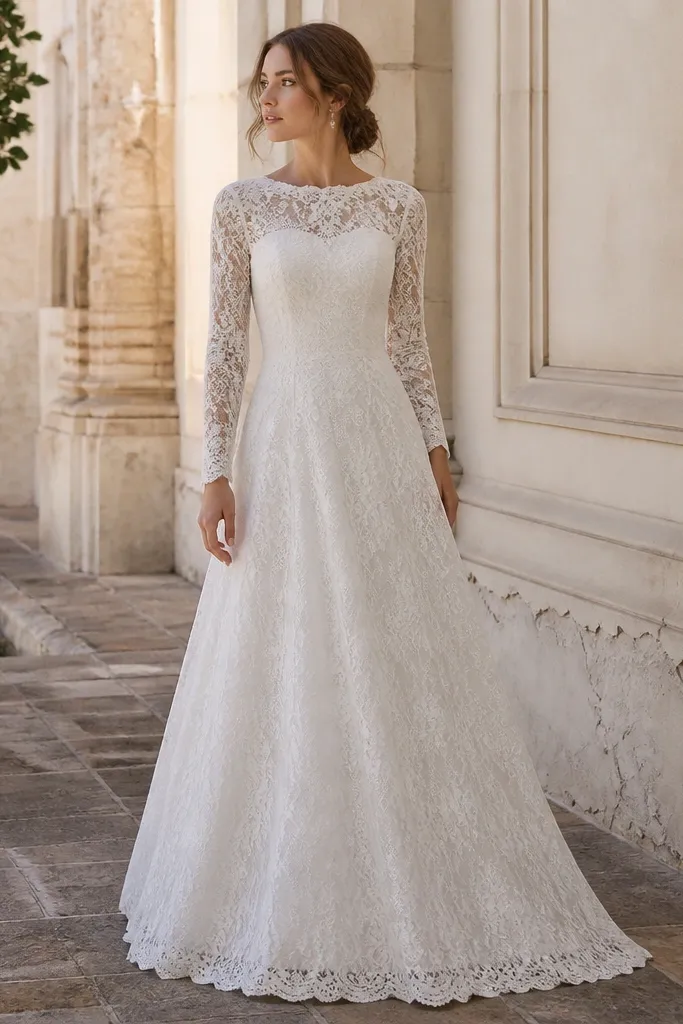 A long A-line white lace dress with scalloped edges along the hem and sleeves. The bodice is fitted with lace overlay and a smooth lining underneath.