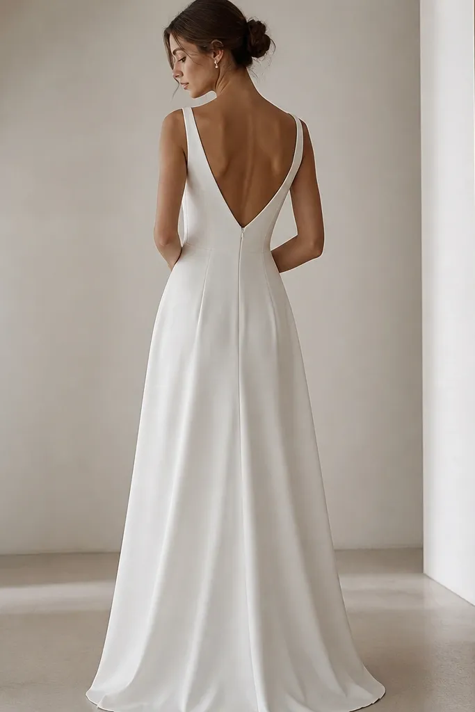 A floor-length white dress with a structured corset bodice made from matte fabric. It has a long V back and a gently flared skirt.