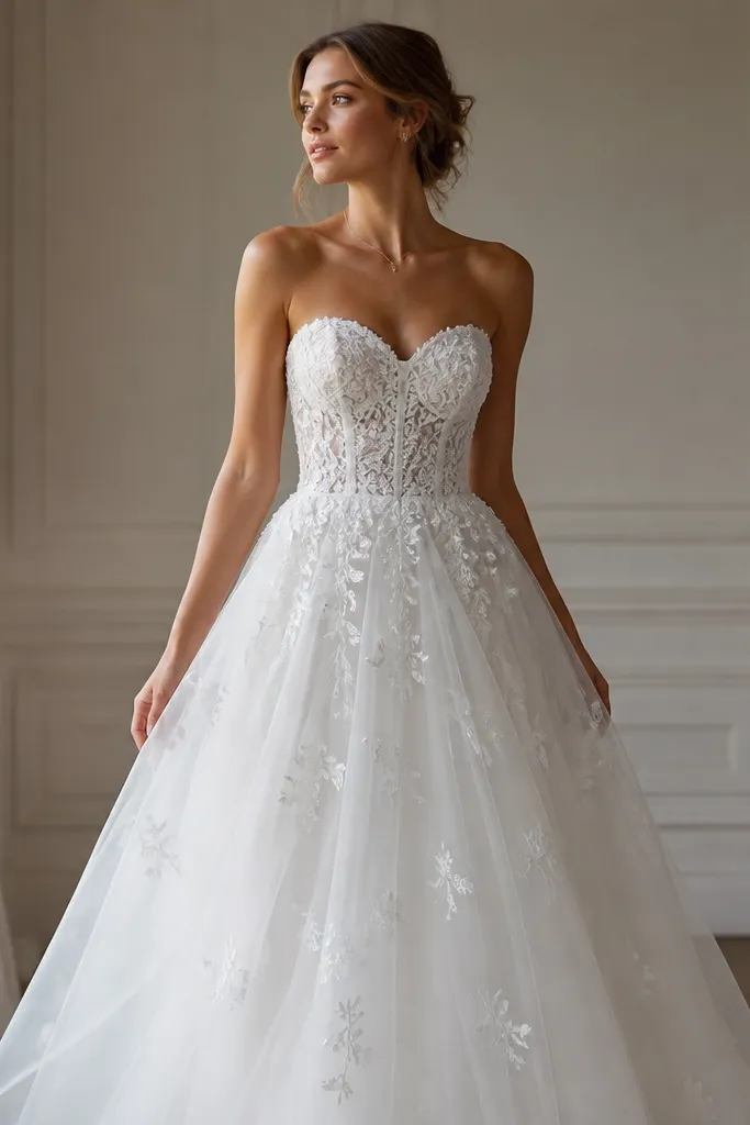 A white embroidered tulle dress with a sweetheart neckline. The bodice has dense embroidery, while the skirt is lighter with scattered motifs.