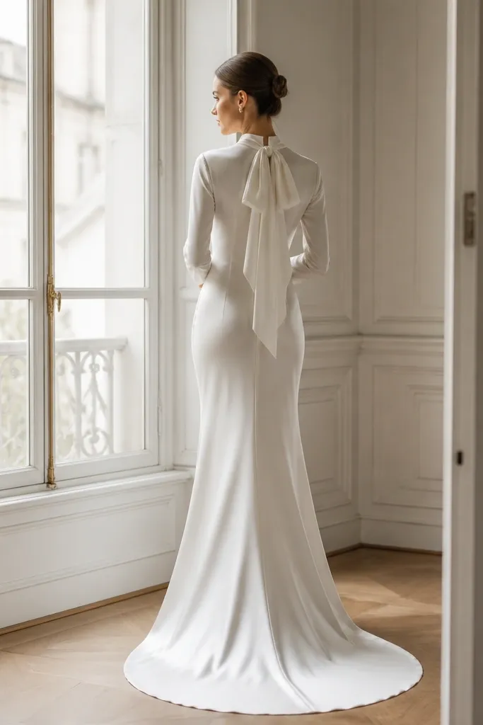 A long white satin gown with a high neckline and long sleeves. There's a bow detail at the upper back, and the skirt has a slim, controlled train.