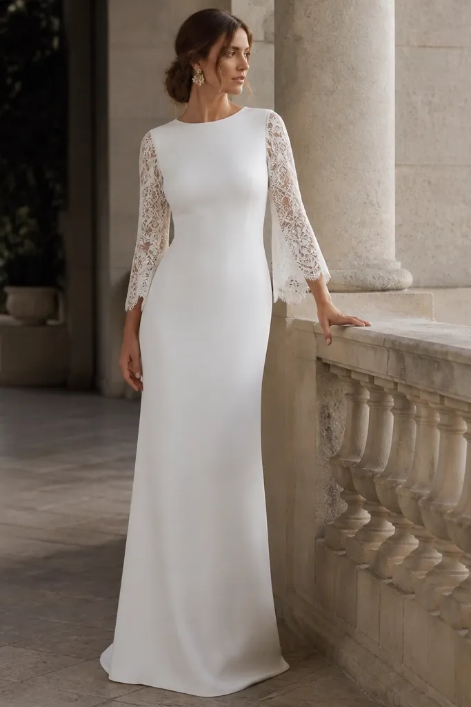 A long white stretch crepe column dress with lace scalloped sleeves. The skirt is straight and smooth, and the neckline is modest.