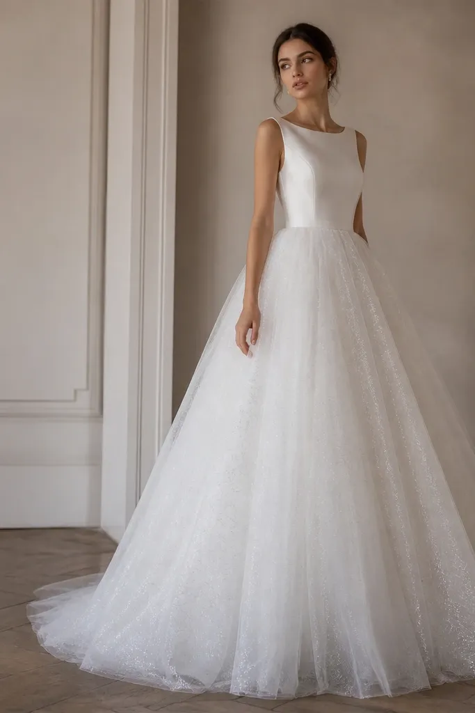 A white tulle gown with a light glitter-thread effect across the skirt. The bodice is minimal and smooth, with a simple neckline and no heavy beading.