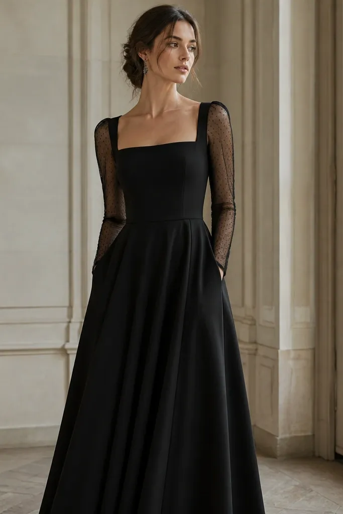 A black evening dress with an opaque black bodice and sheer mesh long sleeves. The mesh has a subtle dot or fine pattern, the neckline is a modest square, and the skirt is fully opaque and falls in soft folds.