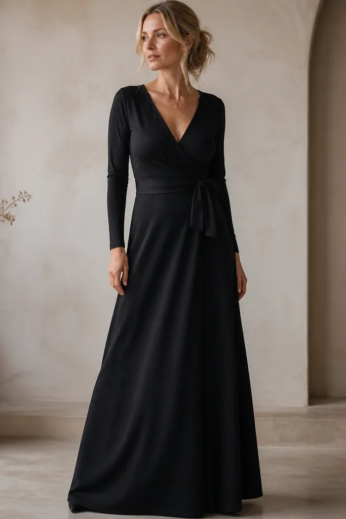 A black long sleeve wrap evening dress with a V wrap front and an outside tie belt. The sleeves are fitted, the wrap crosses neatly at the waist, and the skirt has a soft A-line fall.