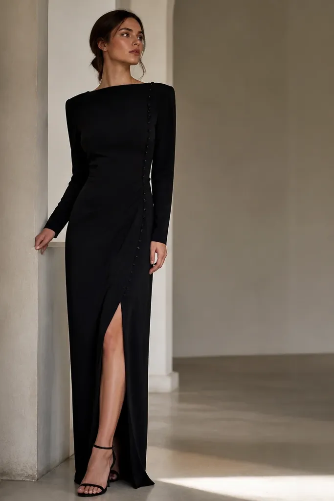A black evening dress with a long sleeve silhouette and an off-center button placket. The skirt is column-like with a high slit on one side, and the hem lands at the floor with the slit revealing leg when you step.