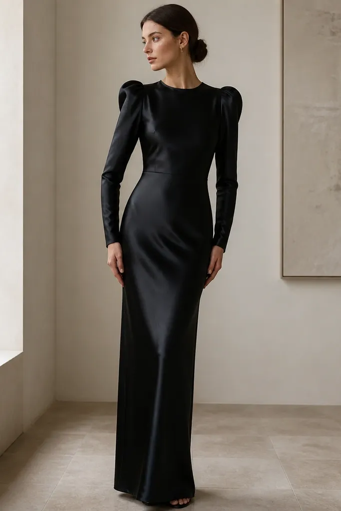 A black satin column dress with long sleeves that have gathered volume at the shoulder and taper down. The neckline is round, and the skirt is straight and glossy with clean vertical lines.