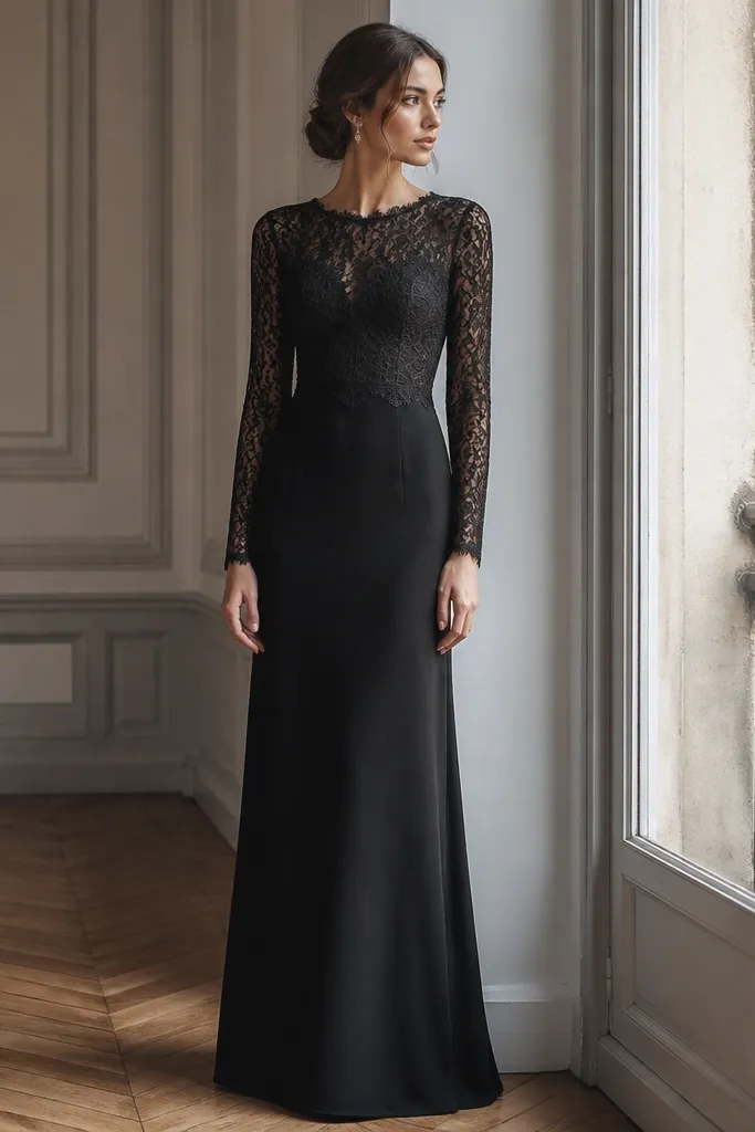 A black long sleeve evening dress with lace sleeves and lace bodice details. The lace pattern is floral but tight, and the skirt is smooth and lined, falling straight to the floor.
