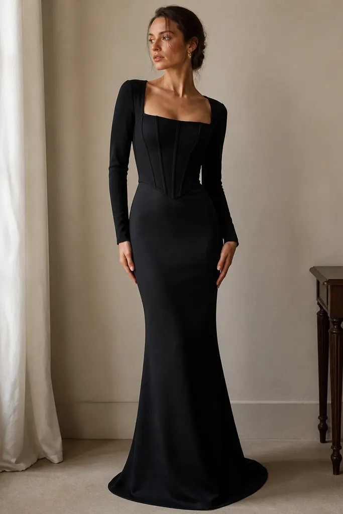 A black long sleeve evening dress with a structured corset-style bodice. The corset has seams and panels, the sleeves are fitted and opaque, and the skirt is smooth and falls straight with a slight flare at the bottom.
