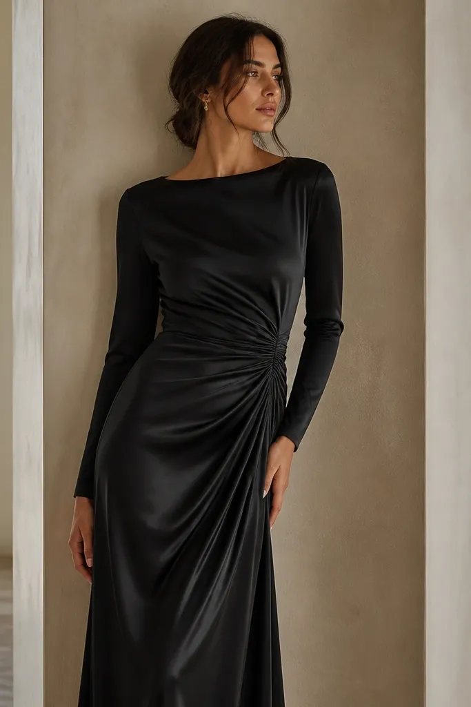 A black charmeuse evening dress with long sleeves and ruching gathered around the waist. The fabric has a soft sheen, the neckline is modest, and the skirt drapes with gentle folds.