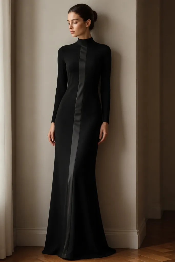 A black long sleeve evening dress with a mock neck. There is a subtle satin stripe panel running vertically along the center front, and the skirt is smooth and slightly flared at the hem.