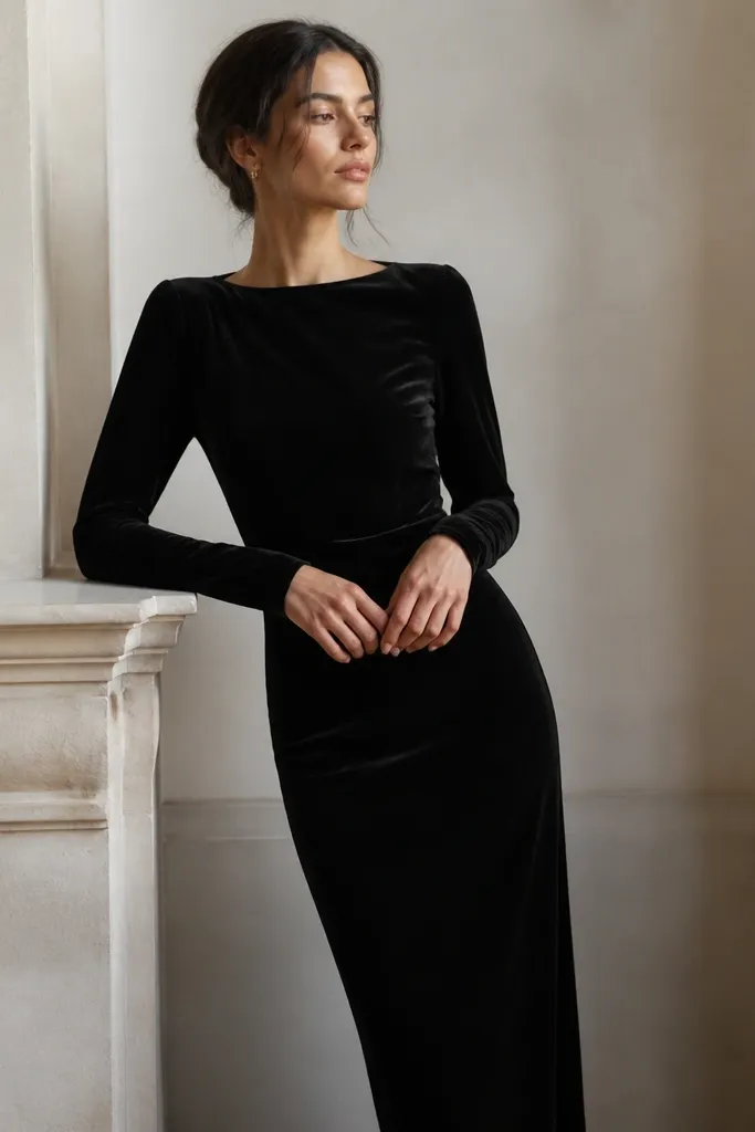 A black velvet long sleeve evening dress with a straight skirt. The velvet has a soft pile, the sleeves are fitted, and the back has a hidden zipper so the front stays clean.