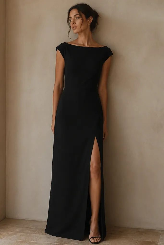 A long black crepe column dress with a straight neckline, cap sleeves, and a slit that sits on the right side from mid-thigh down. The fabric looks matte with slight texture and the waist seam is subtle.