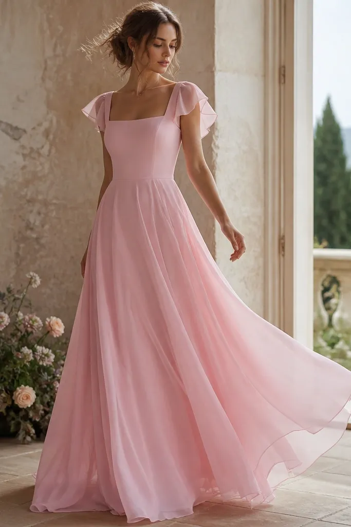 A long pastel pink chiffon dress with a square neckline, small flutter sleeves, and an A-line skirt that layers into airy movement. The bodice looks fitted while the skirt has soft pleats near the waist.