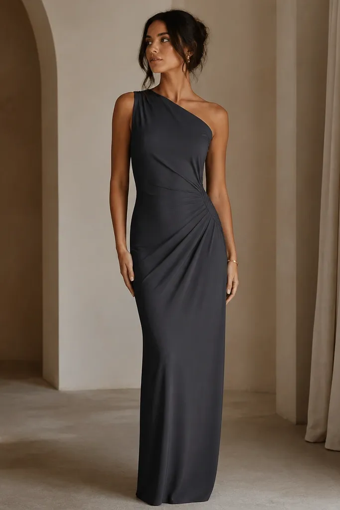 A long charcoal one-shoulder jersey dress with a diagonal drape across the waist. The skirt falls straight to the floor, and the jersey has a smooth finish with gentle sheen.