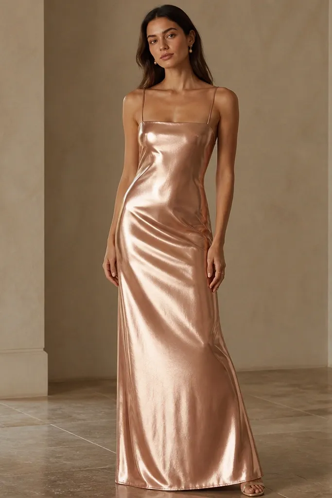 A rose-gold metallic slip dress that reaches the floor, with a straight neckline and slim straps. The skirt has minimal seams and a crisp, straight hem with a soft sheen all over.