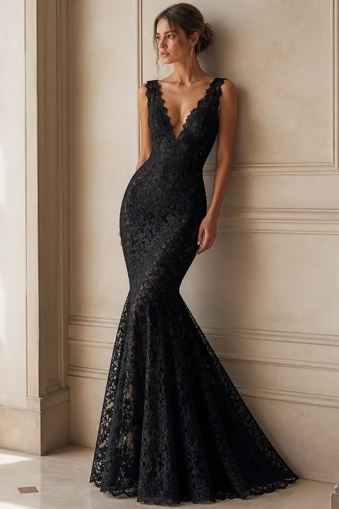 A long black lace mermaid gown with a deep V neckline and fitted hips. The lace pattern is floral and dense, and the skirt flares around the knee with a clean, scalloped edge.