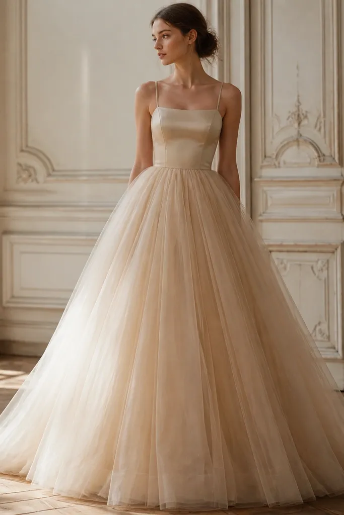 A champagne-toned gown with a fitted satin bodice and a full long tulle skirt. The tulle is layered and airy, and the bodice has a straight neckline with thin straps.