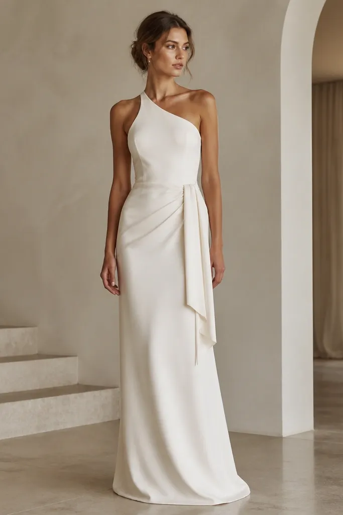 A floor-length ivory crepe dress with an asymmetric halter strap on one side and a draped waist tie on the other. The skirt is straight and the bodice has a clean, minimal finish.