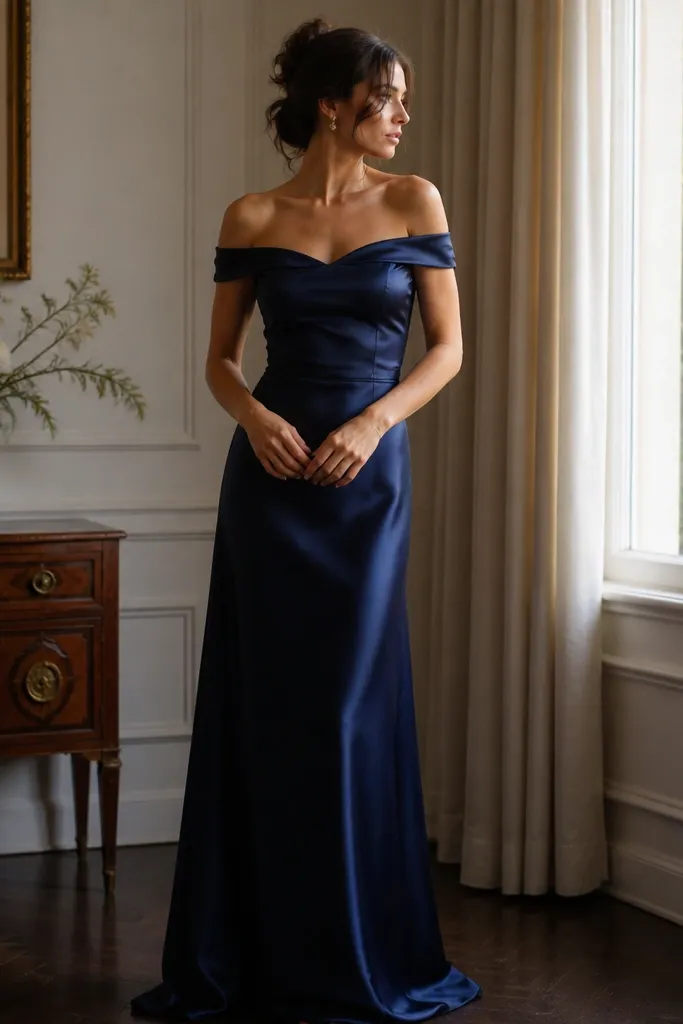A deep sapphire blue satin long dress with off-the-shoulder sleeves that sit like soft cap sleeves. The bodice is fitted, and the skirt flows straight with a gentle sheen.