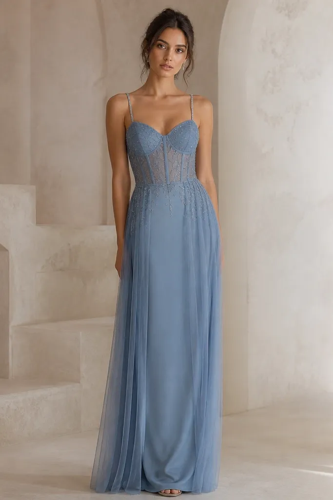 A dusty blue long dress with a mesh bodice and sheer-looking overlay. The spaghetti straps are beaded, and the skirt is a smooth, matching lining that falls straight to the floor.