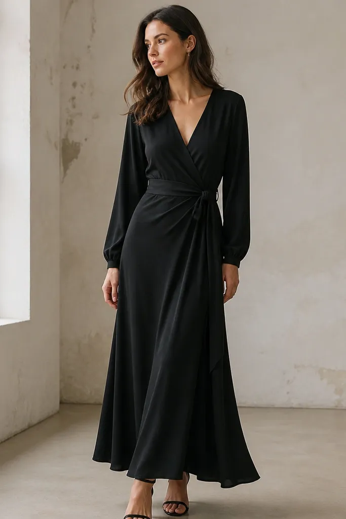A long black wrap dress with a soft V neckline, long sleeves, and a wrap front secured by a hidden button near the waist. The fabric is matte and drapes smoothly, with a gentle belt tie.
