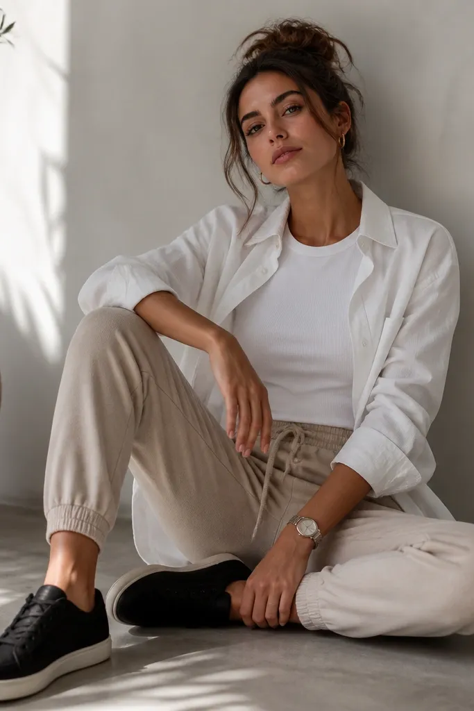 Beige joggers with a fitted white tee underneath, a white button-up worn open like a layer, and black low-top sneakers. A watch and small hoops are visible.