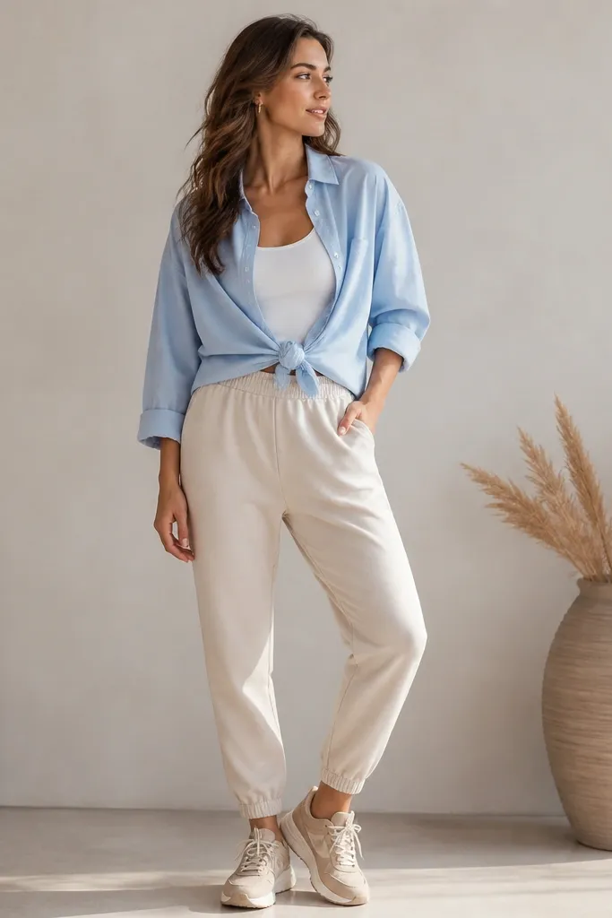 Woman in beige joggers with a light blue oversized button-up tied at the waist, a white tank underneath, and beige sneakers. The shirt tie shows a small knot at the center.