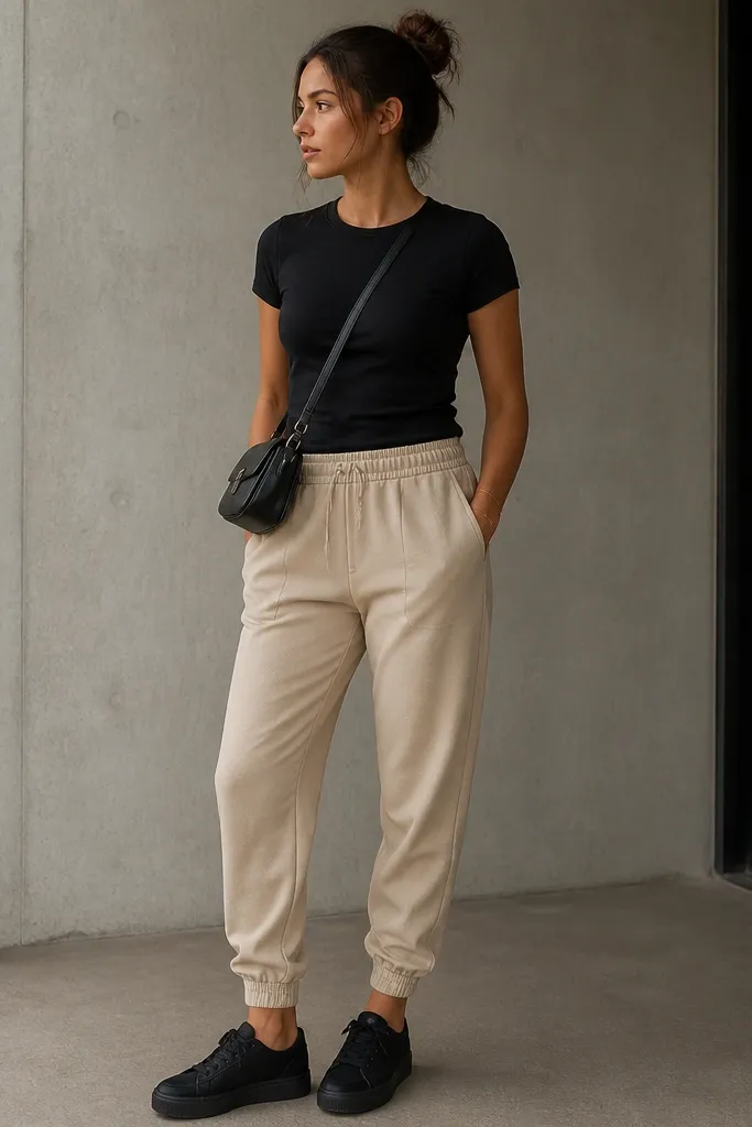 Beige joggers with a fitted black crew-neck tee, black low-top sneakers, and a small black crossbody bag. Minimal jewelry and a simple hair tie are visible.