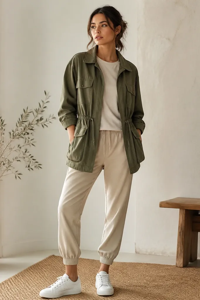 Beige joggers with an olive utility jacket, a cream tee, and white sneakers. The jacket has a slight cinched waist and visible pockets.