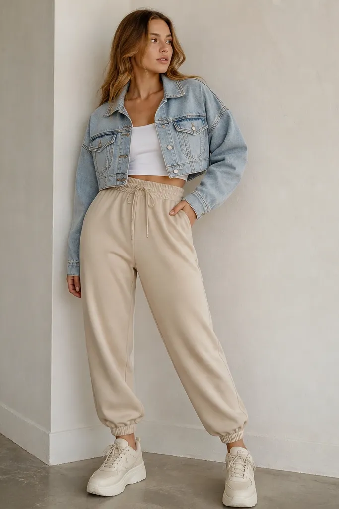 Beige joggers with a cropped light-wash denim jacket, white tank top, and beige platform sneakers. The jacket ends at the high waist area.