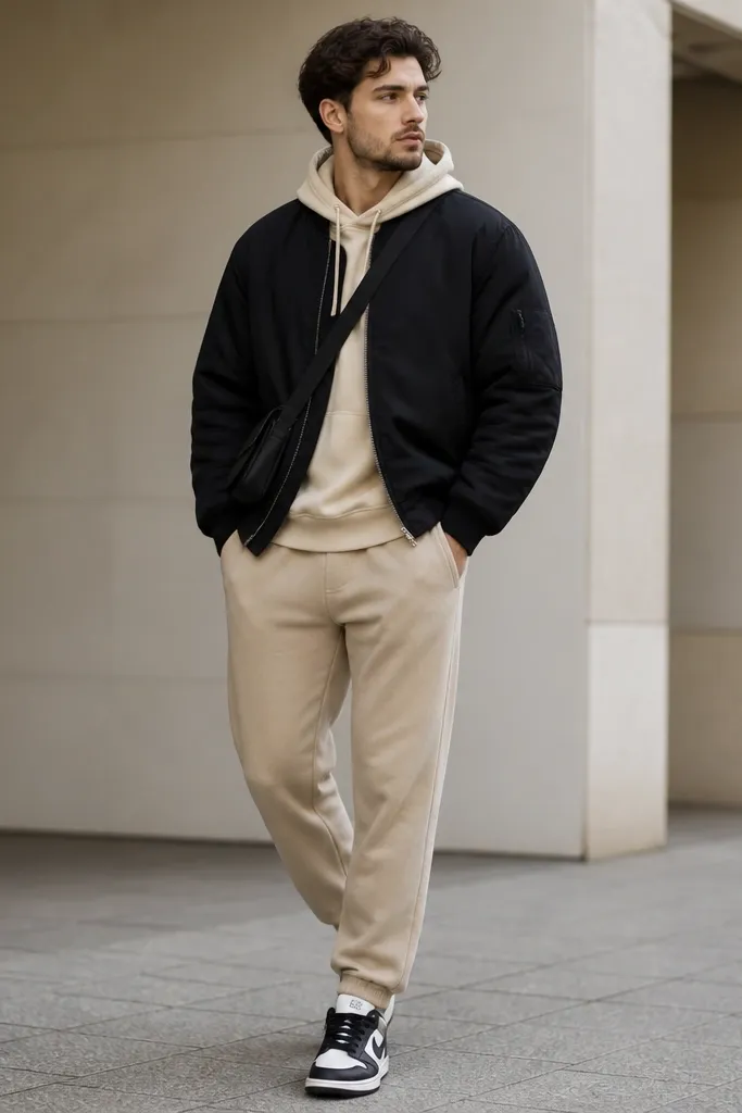 Beige joggers with a cream hoodie underneath a black bomber jacket, black-and-white sneakers, and a crossbody bag. The bomber is zipped halfway.