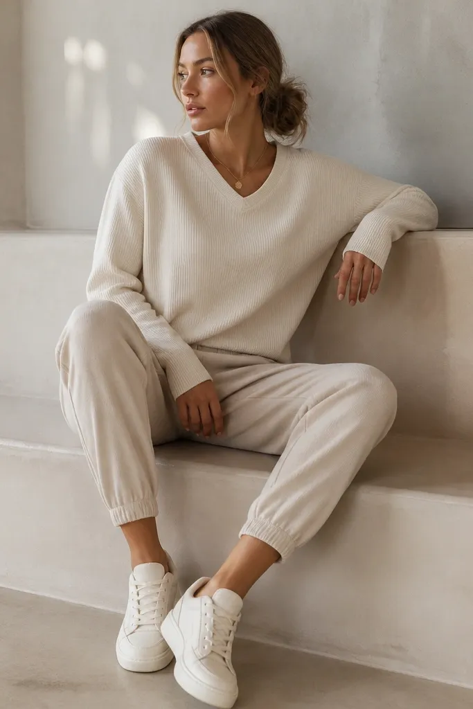Beige joggers paired with a cream knit top in a similar tone, cream sneakers, and a small gold necklace. The outfit looks like a coordinated set but not identical fabric.
