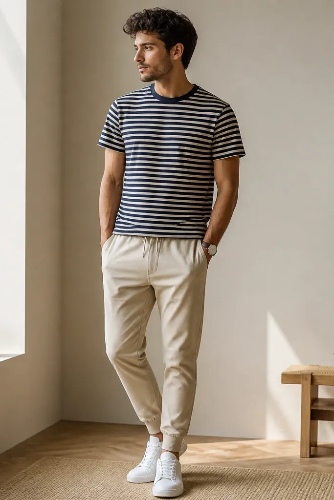 Beige joggers with a navy-and-cream striped tee, white sneakers, and a simple watch. The stripes run horizontally across the torso.