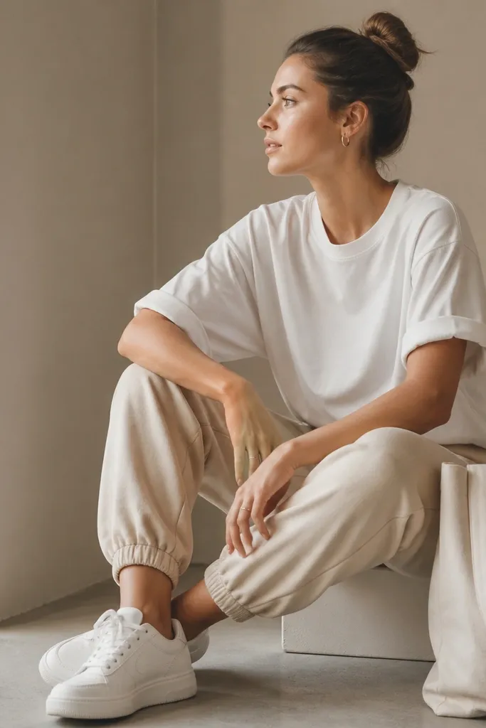 Beige joggers with a slightly oversized white tee, sleeves rolled to mid-bicep, and small silver hoop earrings. White sneakers and a minimal tote bag are visible.