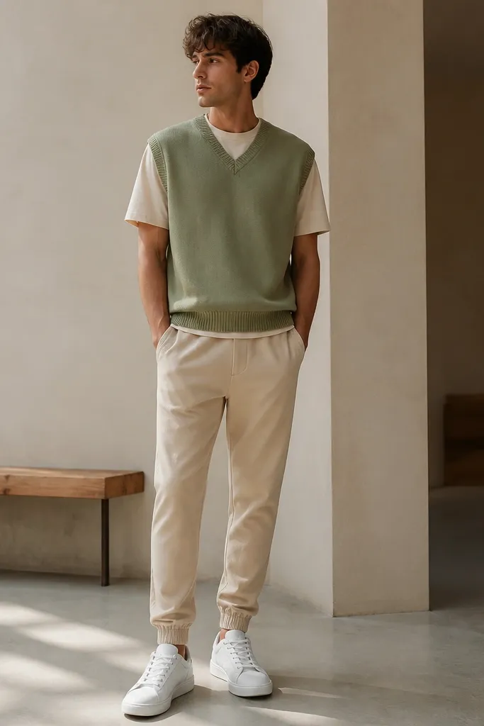 Beige joggers with a sage green sweater vest over a cream tee, and white sneakers. The vest has a V-neck and ribbed edges.