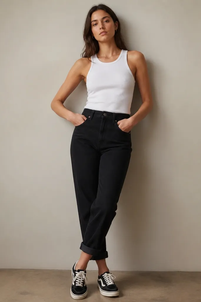 A white tank tucked into black straight-leg jeans; the cuffs are rolled once to show ankle; black and white sneakers; minimal jewelry; simple flat lighting.