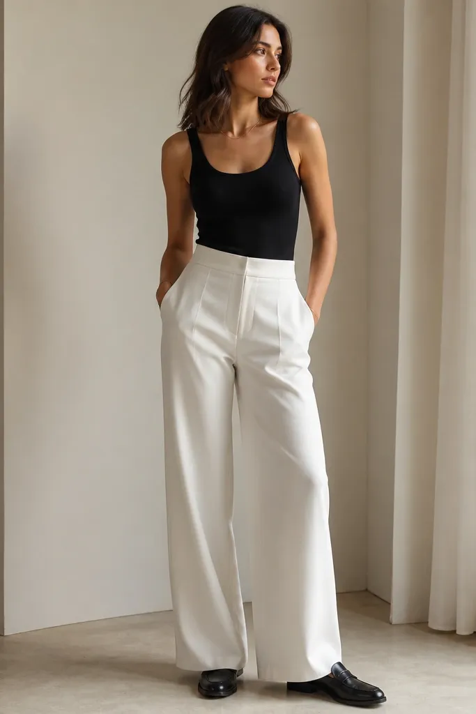 A black tank tucked into high-waisted white wide-leg trousers with a smooth waistband; black loafers; minimal jewelry; clean hem draping to the ankle.