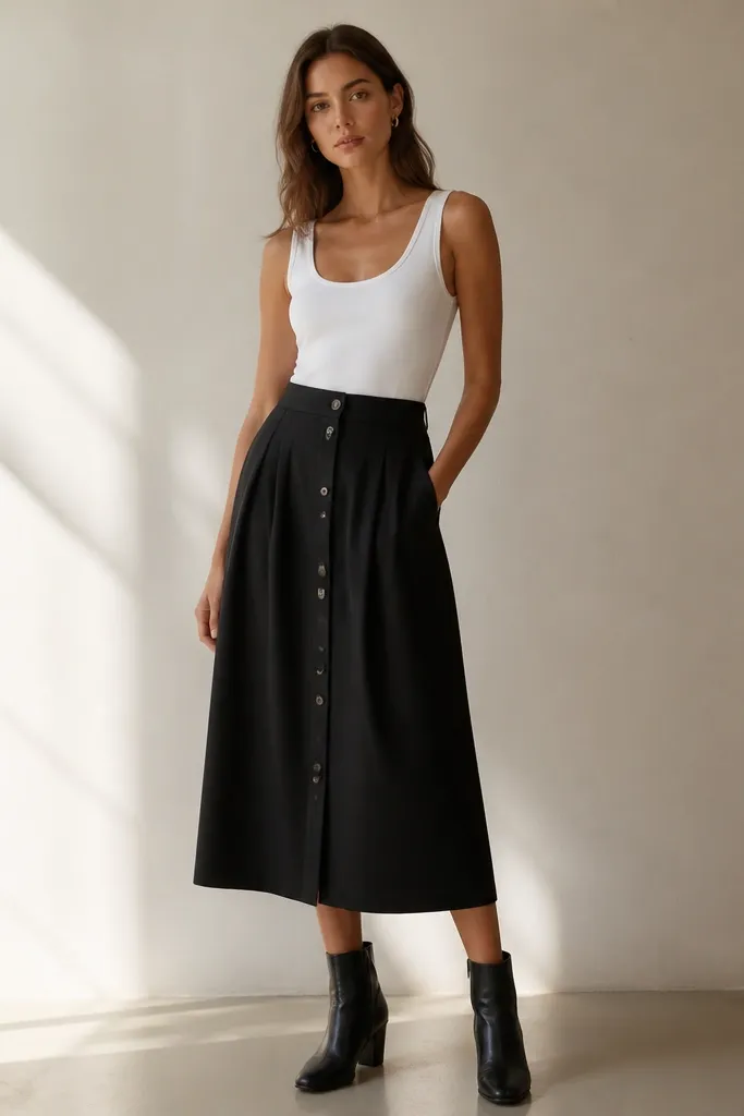 A white tank tucked into a black midi skirt with visible button front; the skirt hangs straight; white belt or no belt; black ankle boots.