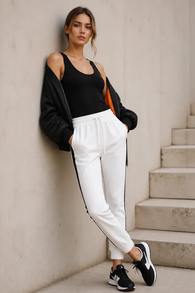 A black tank tucked slightly into white track pants with a tapered ankle; black side stripe; black-white sneakers; a bomber jacket draped over shoulders.