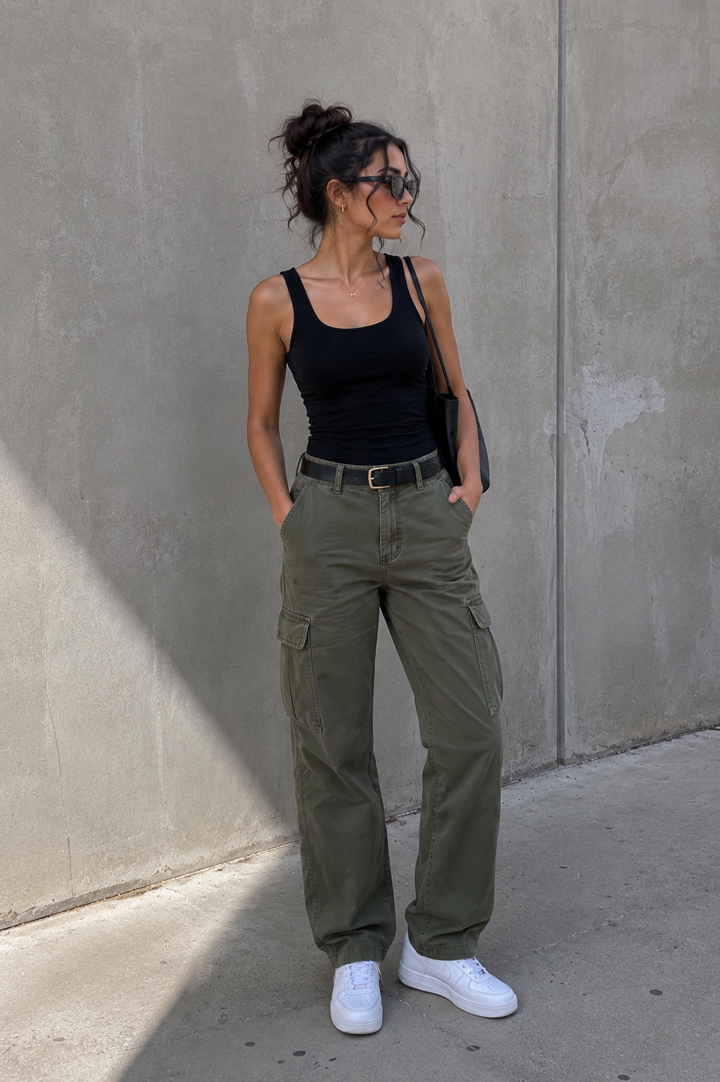 A fitted black tank with olive twill cargo pants. A black leather belt with a matte buckle is visible at the waist; brown boots and a canvas tote complete the look.