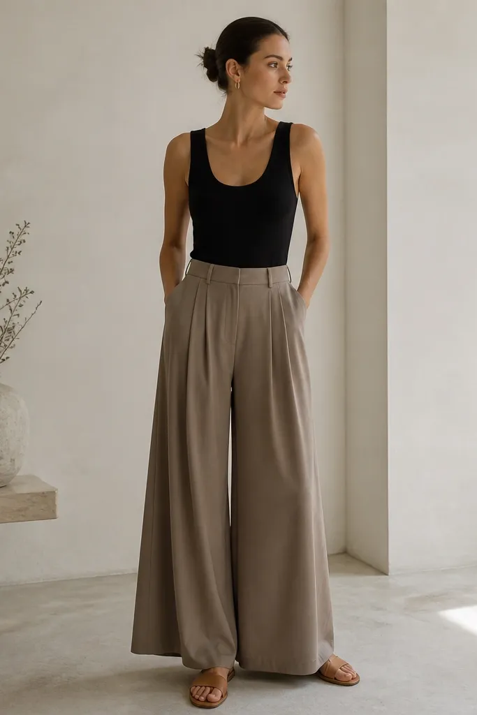 A black tank under high-rise pleated wide-leg trousers in warm taupe. Tan leather sandals show bare ankles; a small hoop earring is visible near the neckline.