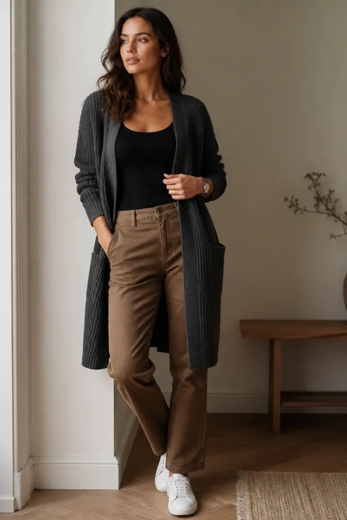 A black tank with an open longline ribbed cardigan in charcoal. Straight-leg chinos in medium brown sit underneath; white sneakers and a watch show at the wrist.