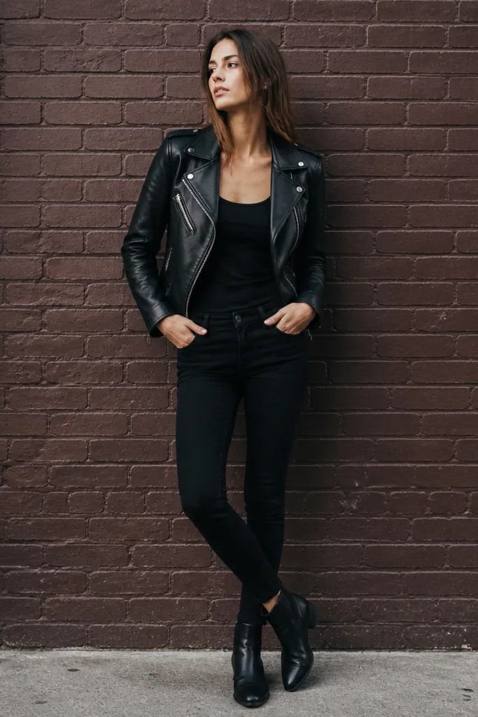 A black tank under a black faux-leather moto jacket with a slightly shiny finish. Skinny black jeans and black ankle boots sit in front of a brick wall; silver zipper details stand out.