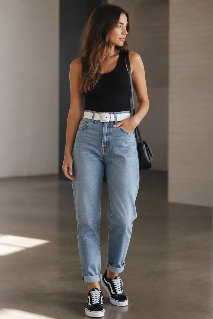 A black tank tucked into high-rise mom jeans with a bold white wide belt. The jeans are cuffed slightly at the hem; black-and-white sneakers and a small crossbody bag are visible.