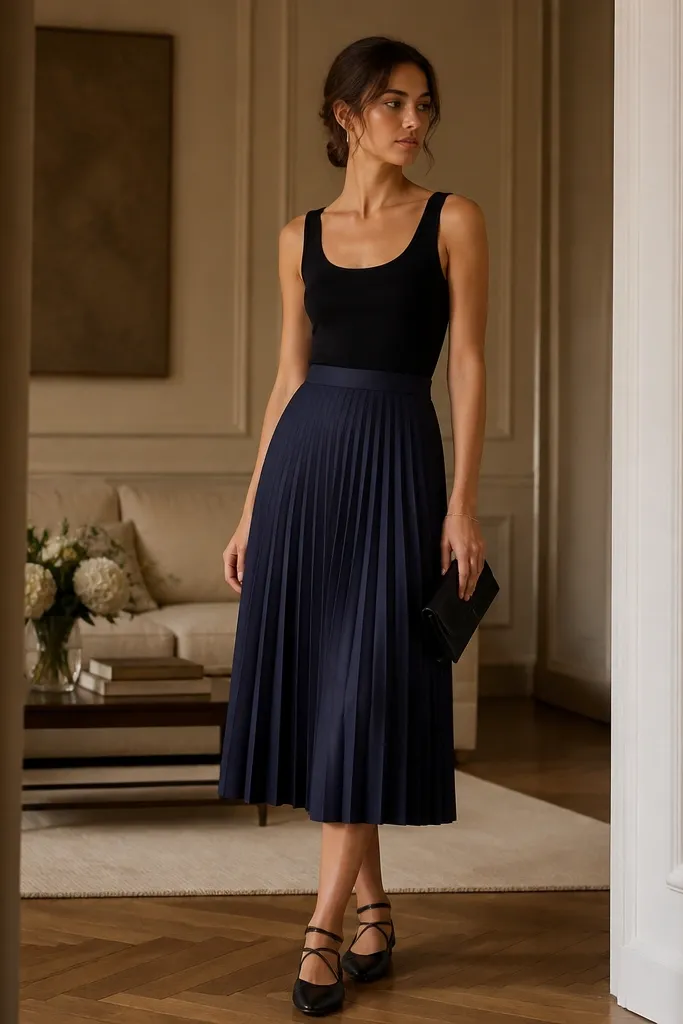 A black tank tucked into a navy pleated skirt that falls mid-calf. Strappy black flats and a small black clutch sit under warm indoor lighting.