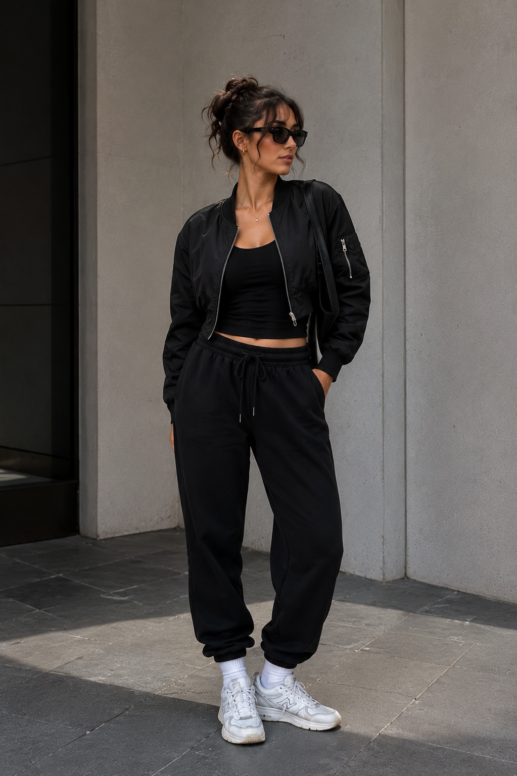 A black tank under a cropped black bomber with a subtle sheen. Black joggers sit tapered at the ankle; white sneakers and a knit beanie appear in the frame.