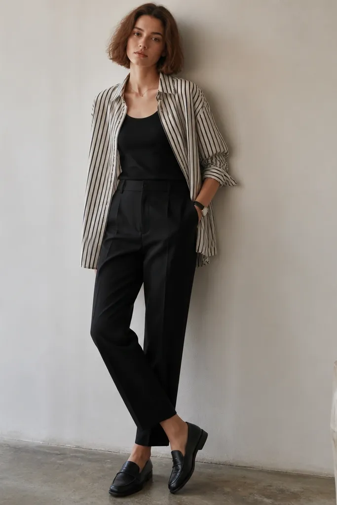 A black tank with a cream-and-black striped overshirt worn open. Black trousers are straight and ankle length; black loafers and a watch sit near the frame.