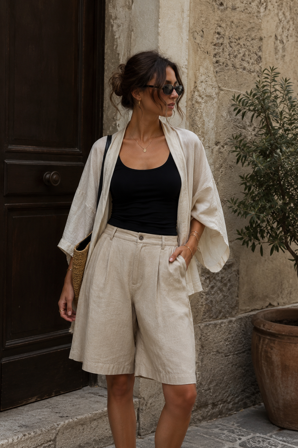 A black tank with sand-colored long linen shorts. A lightweight kimono-style shirt in off-white is worn open; the fabric moves and drapes over the shorts. Dark brown sandals complete it.