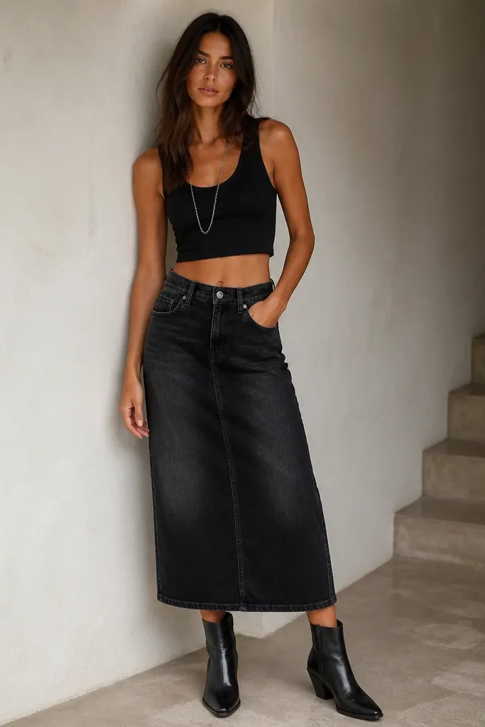 A black denim midi skirt with subtle whiskering paired with a cropped black tank. The outfit is finished with black ankle boots and a long silver chain necklace.