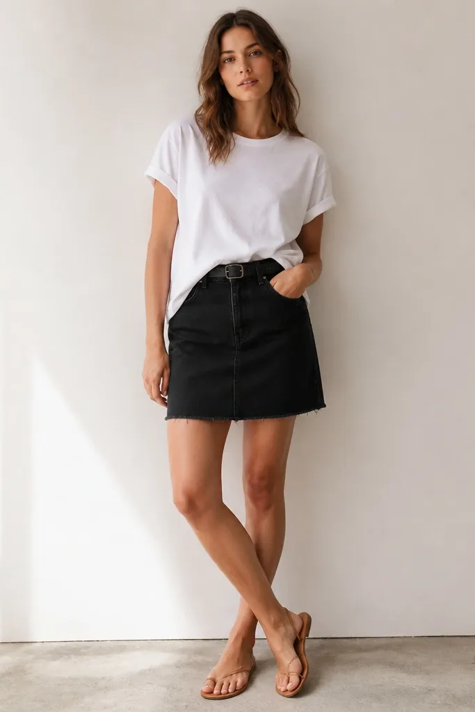 A black denim skirt worn with a white cotton tee. The tee is half-tucked at the front, a black belt cinches the waist, and flat tan sandals complete the look.